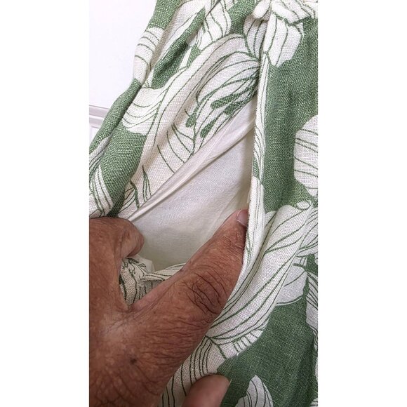 Tahari Women's Green & White Floral Print 100% Linen Pants Size L Elastic Waistb - Picture 4 of 6